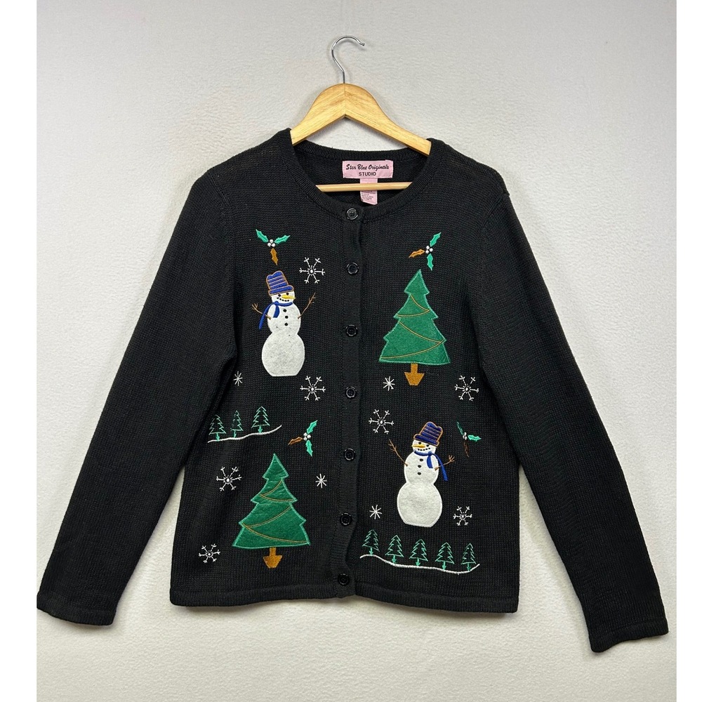 Ugly Christmas Sweater Star Blue Originale Women L Black Snowman Tree Cardigan